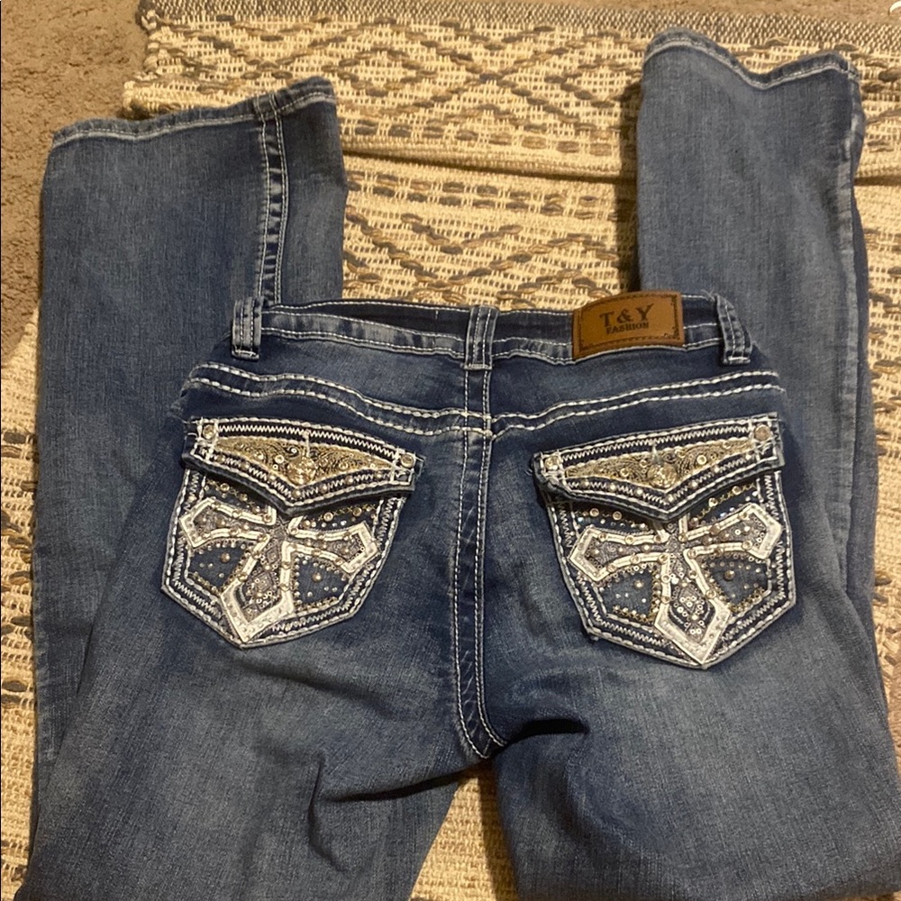 Blue Boot Cut Jeans with Ornate Embellishments